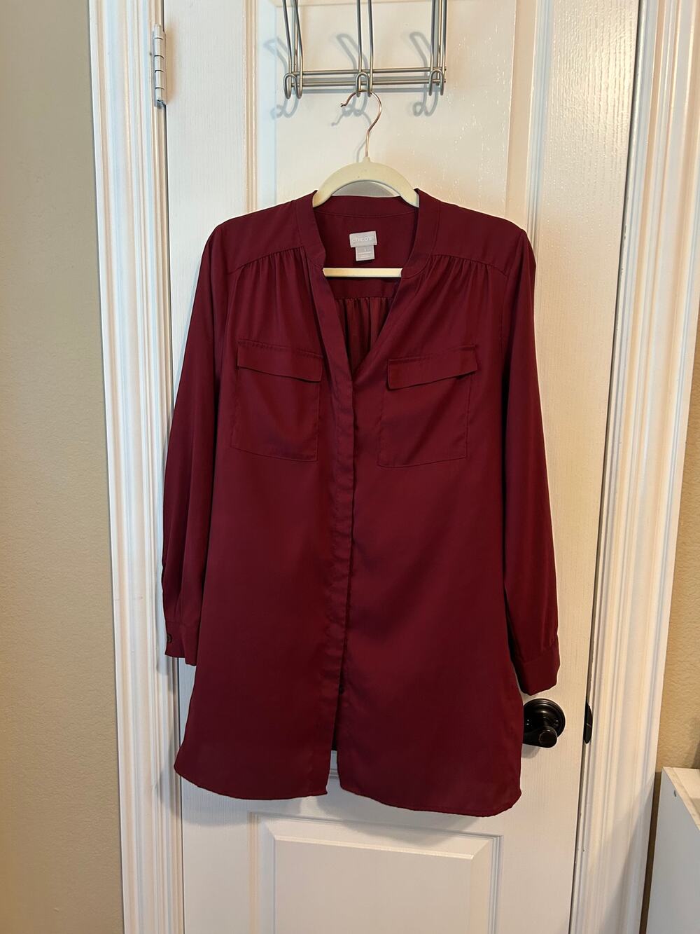 Chico's Maroon Silky Button Down Long Sleeve Tunic Top Sz 1
